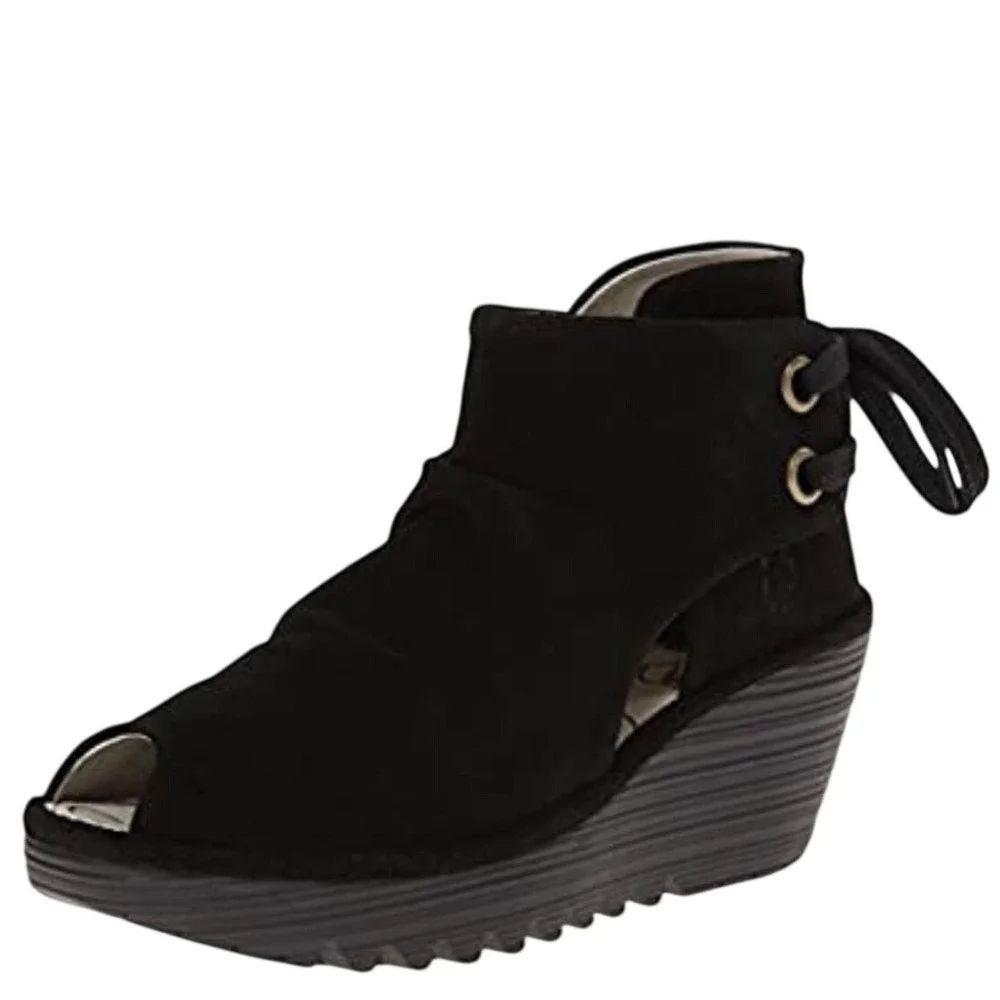 Fly London Yema Black Perforated Lace Up Wedge Sandals Women's Size 40 US 9-9.5